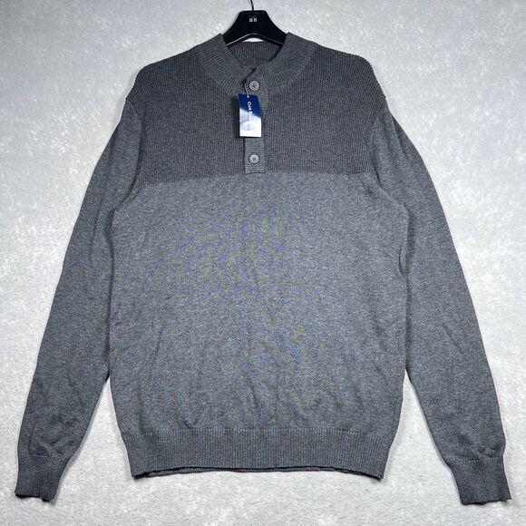 Club Room Sweater Mens Medium Charcoal Heather Button Mock Neck and Ribbed Cuffs - Picture 1 of 10